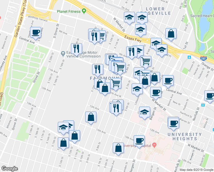 map of restaurants, bars, coffee shops, grocery stores, and more near 161 South 10th Street in Newark