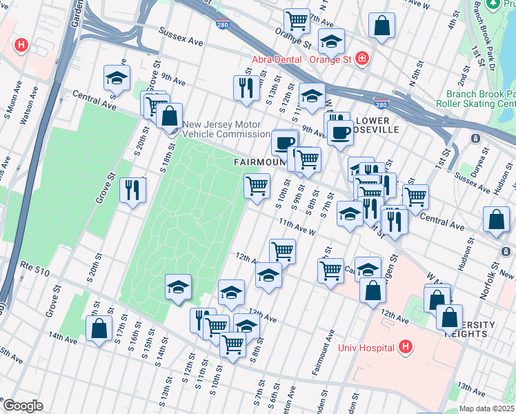 map of restaurants, bars, coffee shops, grocery stores, and more near 133 11th Avenue West in Newark