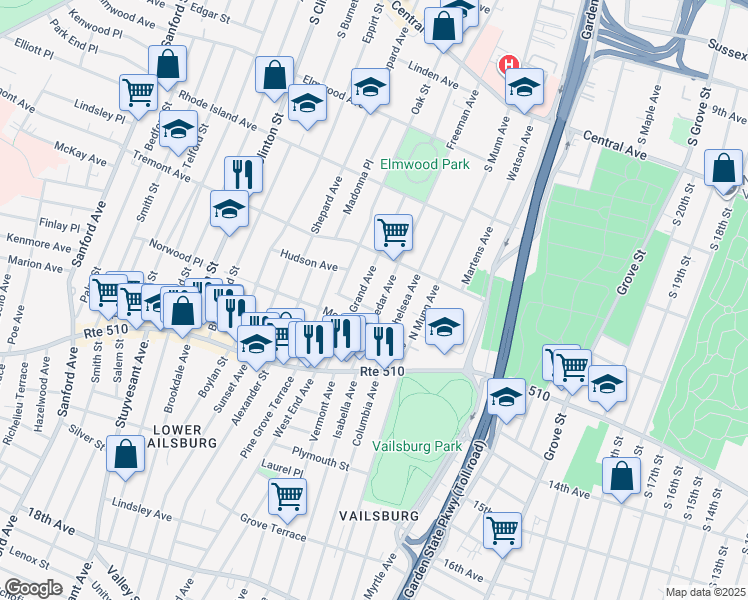 map of restaurants, bars, coffee shops, grocery stores, and more near 78 Cedar Avenue in Newark