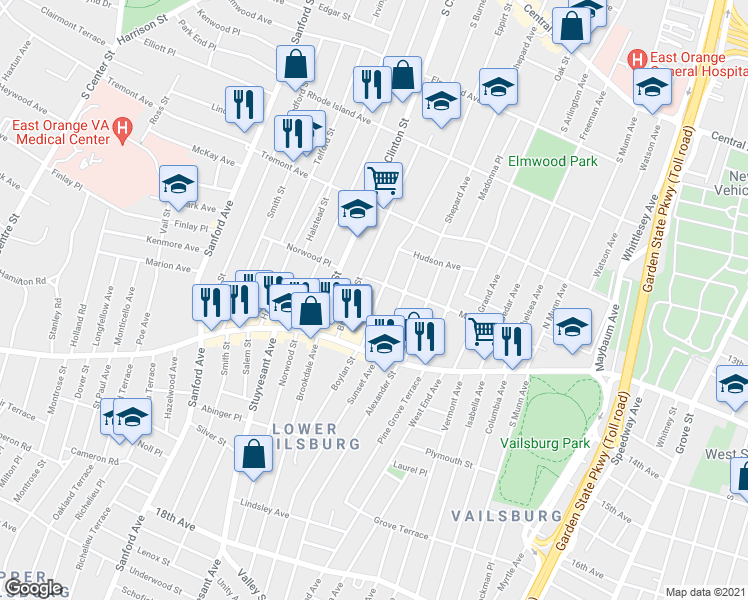 map of restaurants, bars, coffee shops, grocery stores, and more near 53 Sunnyside Terrace in East Orange