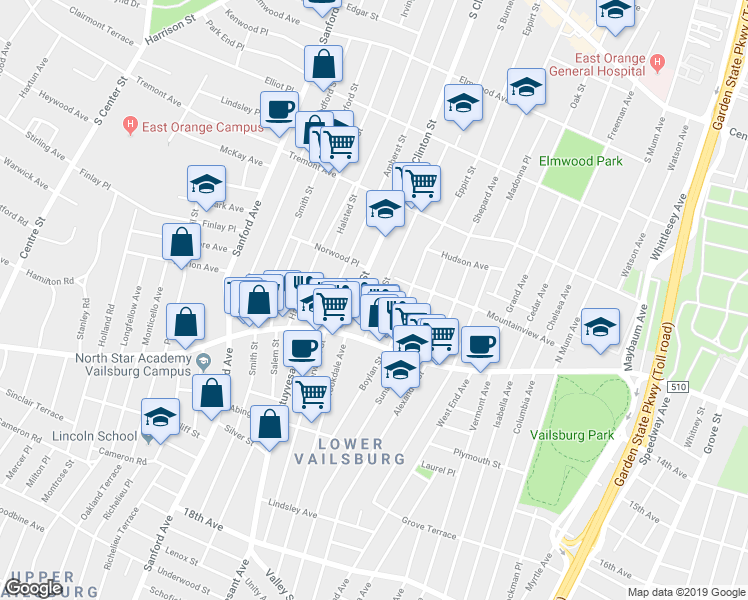 map of restaurants, bars, coffee shops, grocery stores, and more near 548 South Clinton Street in East Orange