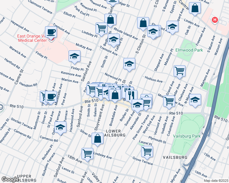 map of restaurants, bars, coffee shops, grocery stores, and more near 538 Norwood Street in East Orange