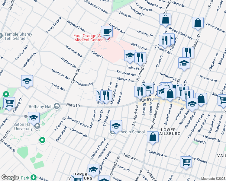 map of restaurants, bars, coffee shops, grocery stores, and more near 53 Monticello Avenue in Newark