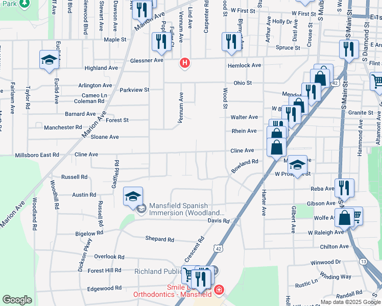 map of restaurants, bars, coffee shops, grocery stores, and more near 339 Cline Avenue in Mansfield