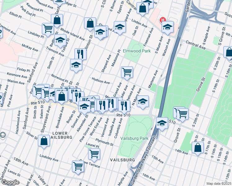 map of restaurants, bars, coffee shops, grocery stores, and more near 73 Grand Avenue in Newark