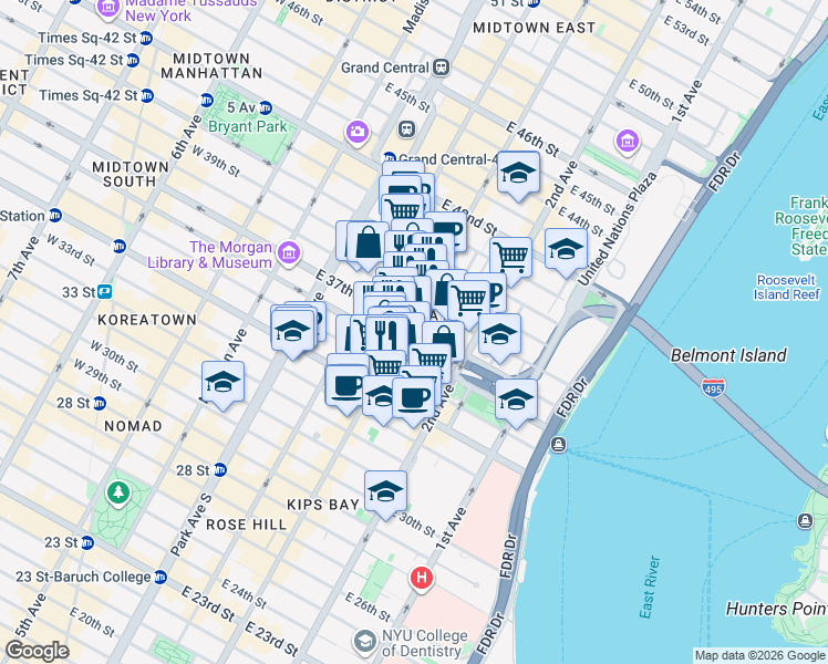 map of restaurants, bars, coffee shops, grocery stores, and more near 200 East 37th Street in New York