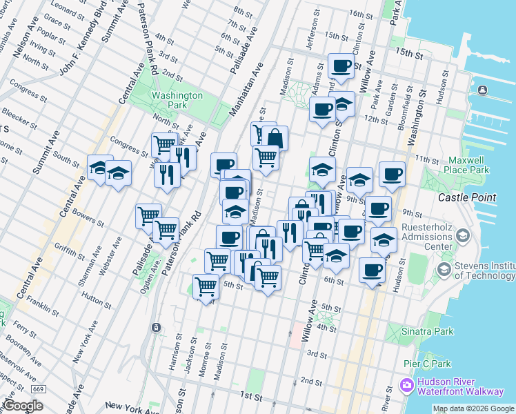 map of restaurants, bars, coffee shops, grocery stores, and more near 716-32 Madison Street in Hoboken