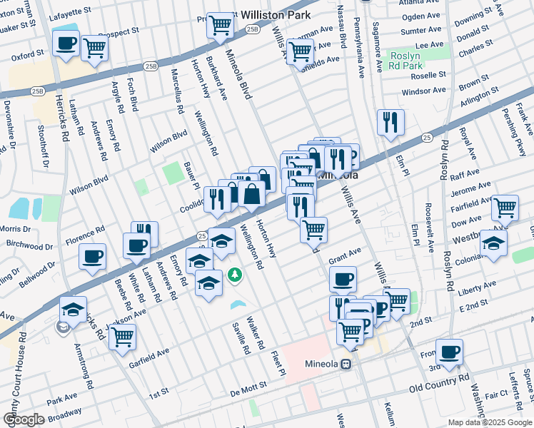 map of restaurants, bars, coffee shops, grocery stores, and more near 235 Jericho Turnpike in Mineola