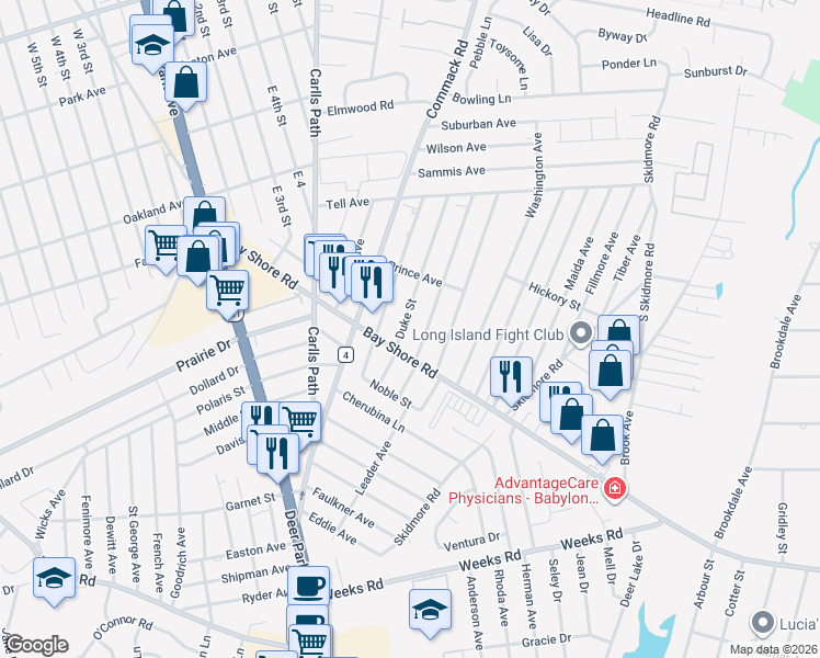 map of restaurants, bars, coffee shops, grocery stores, and more near 33 Duke Street in Deer Park