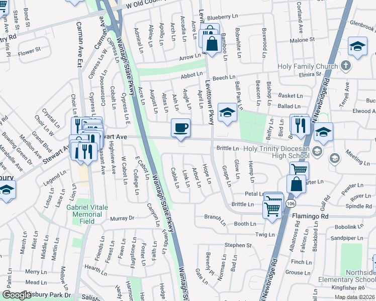 map of restaurants, bars, coffee shops, grocery stores, and more near 20 Rim Lane in Hicksville