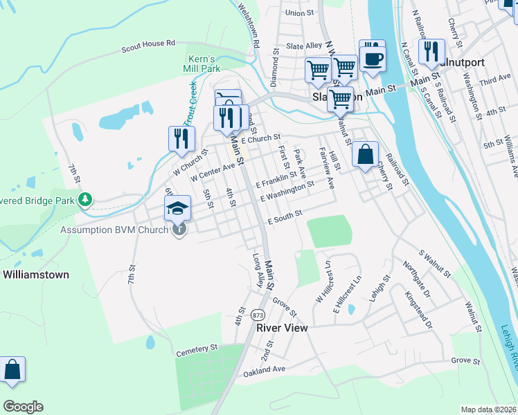 map of restaurants, bars, coffee shops, grocery stores, and more near 408 2nd Street in Slatington