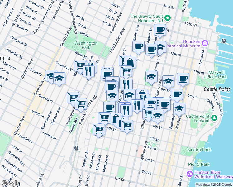 map of restaurants, bars, coffee shops, grocery stores, and more near 716-32 Madison Street in Hoboken