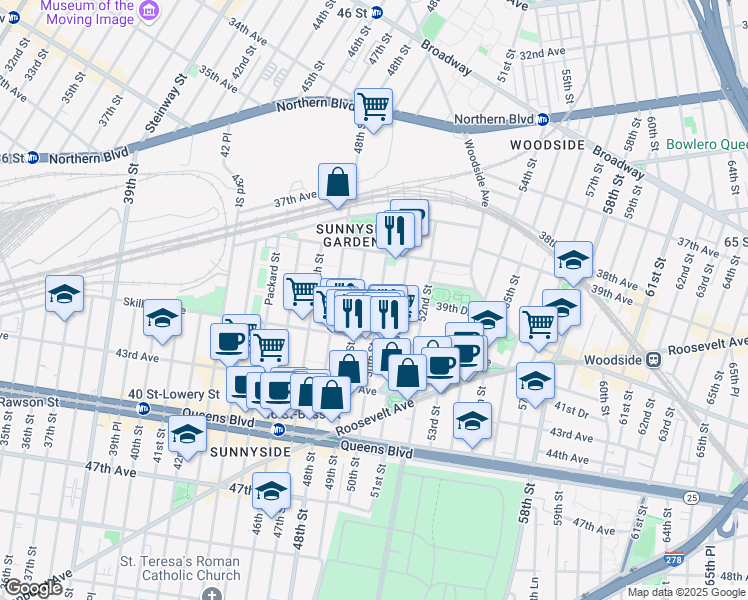 map of restaurants, bars, coffee shops, grocery stores, and more near 39-52 50th Street in Queens