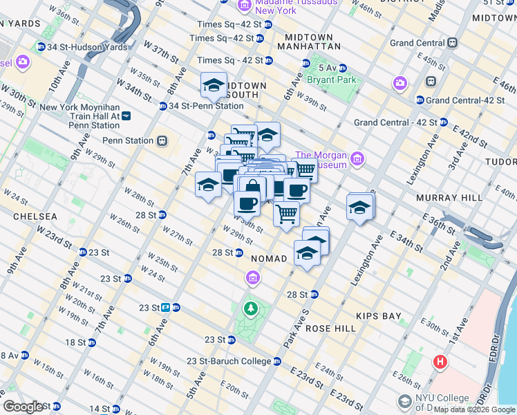 map of restaurants, bars, coffee shops, grocery stores, and more near 35 West 31st Street in New York