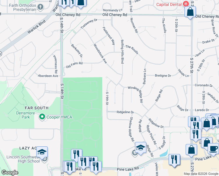 map of restaurants, bars, coffee shops, grocery stores, and more near 6530 South 19th Street in Lincoln