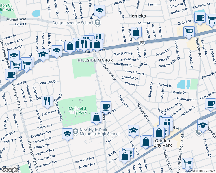 map of restaurants, bars, coffee shops, grocery stores, and more near 9 Whitehall Lane in New Hyde Park