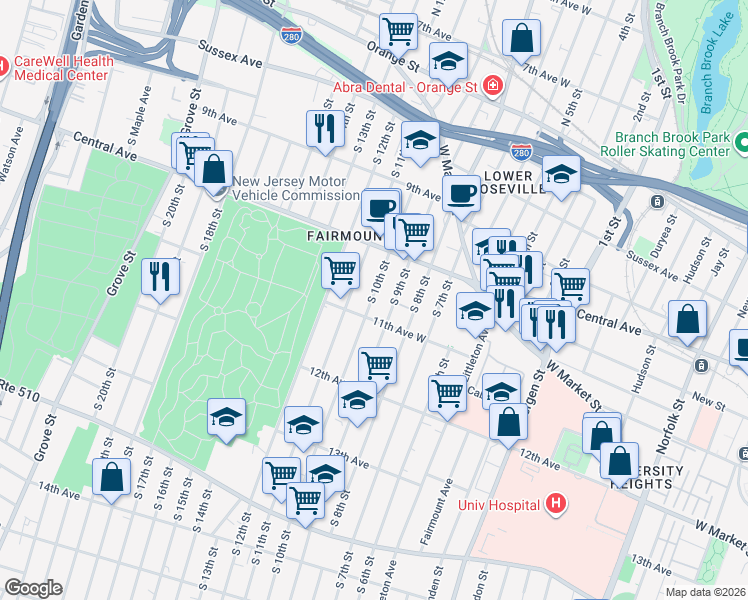 map of restaurants, bars, coffee shops, grocery stores, and more near 162 South 10th Street in Newark