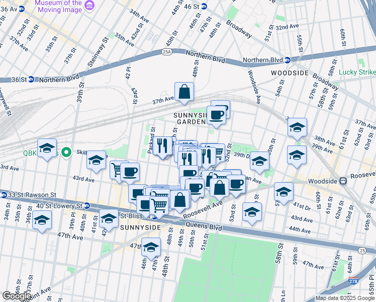 map of restaurants, bars, coffee shops, grocery stores, and more near 39-95 48th Street in Queens