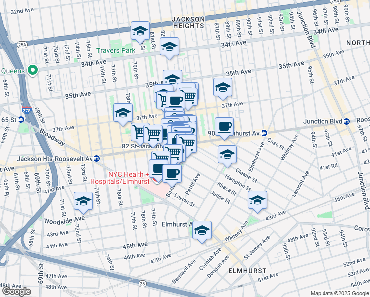map of restaurants, bars, coffee shops, grocery stores, and more near in Queens