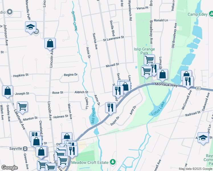 map of restaurants, bars, coffee shops, grocery stores, and more near 127 Sunrise Avenue in Sayville