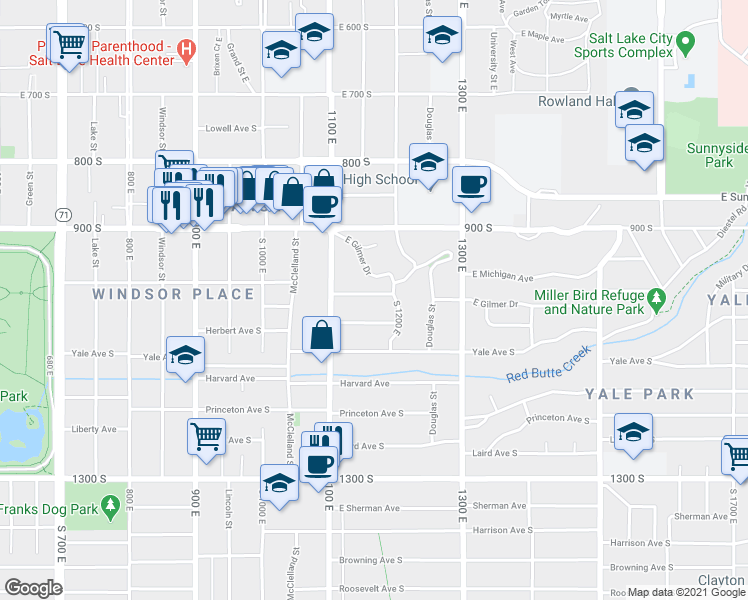 map of restaurants, bars, coffee shops, grocery stores, and more near 1160 East Michigan Avenue in Salt Lake City