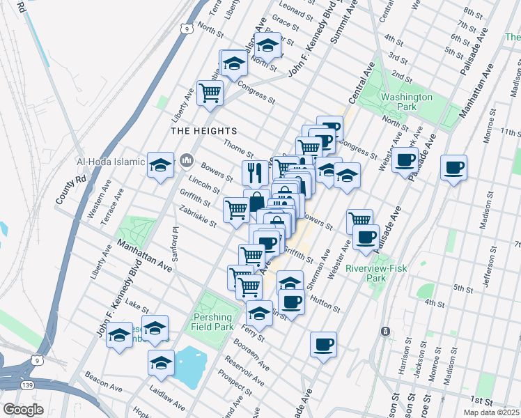map of restaurants, bars, coffee shops, grocery stores, and more near 40 Lincoln Street in Jersey City