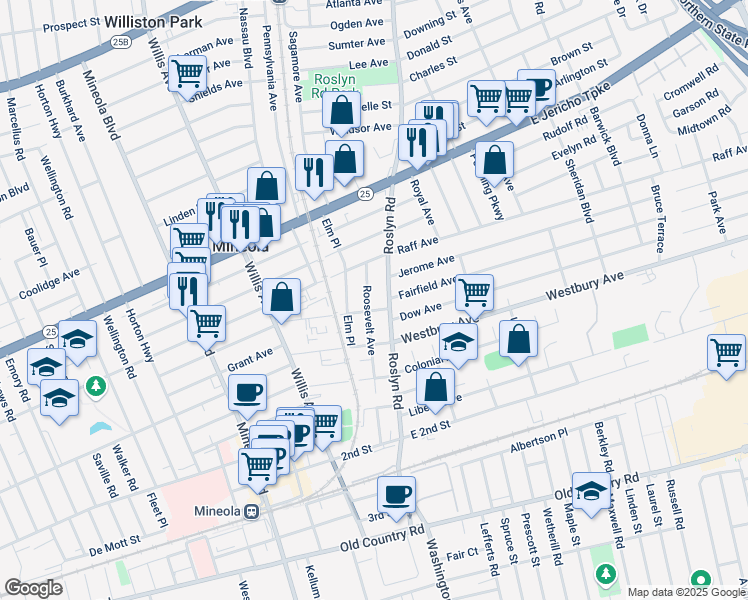 map of restaurants, bars, coffee shops, grocery stores, and more near 187 Roslyn Road in Mineola
