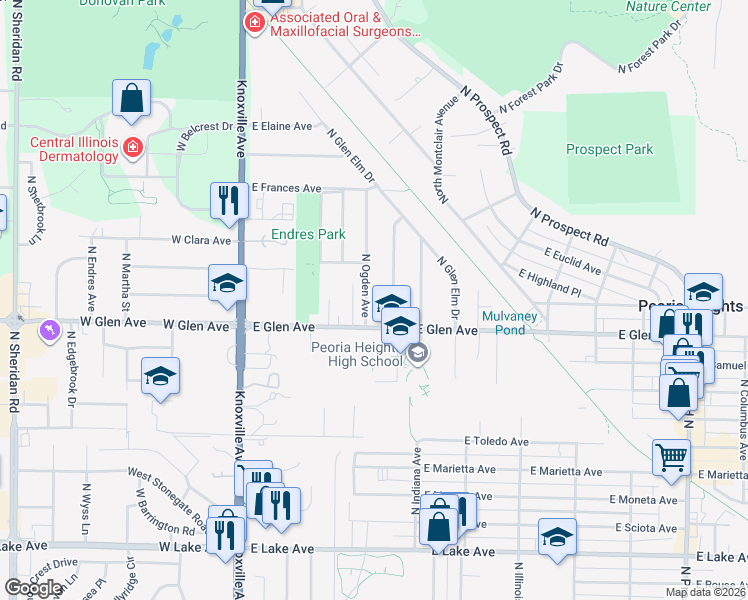 map of restaurants, bars, coffee shops, grocery stores, and more near 4922 N Ogden Ave in Peoria Heights