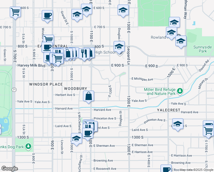 map of restaurants, bars, coffee shops, grocery stores, and more near 1178 East Michigan Avenue in Salt Lake City
