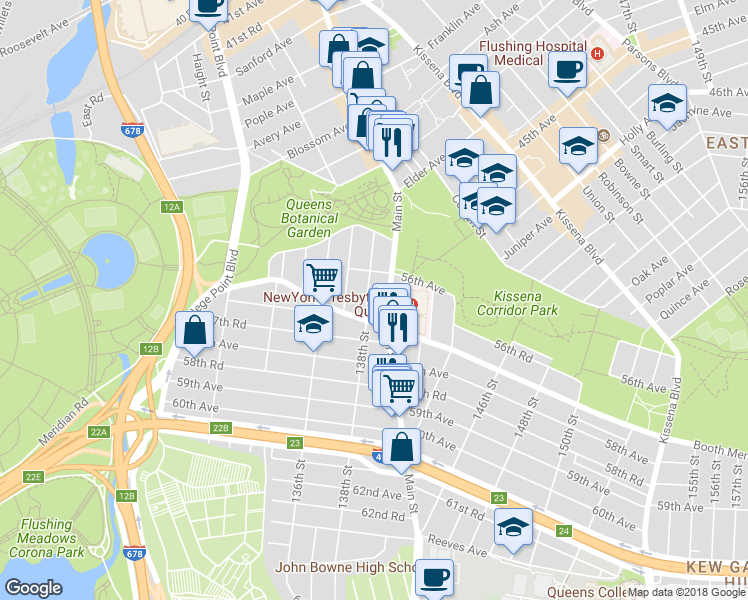 map of restaurants, bars, coffee shops, grocery stores, and more near 56-29 138th Street in Queens