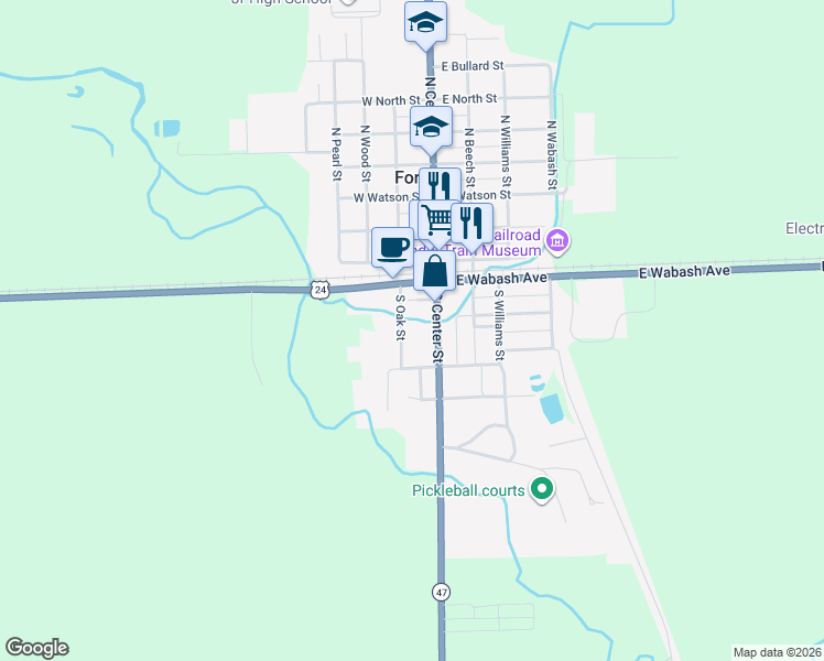 map of restaurants, bars, coffee shops, grocery stores, and more near 305 South Oak Street in Forrest