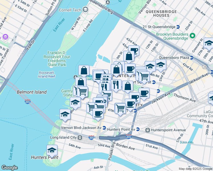 map of restaurants, bars, coffee shops, grocery stores, and more near 45-40 Vernon Boulevard in Queens