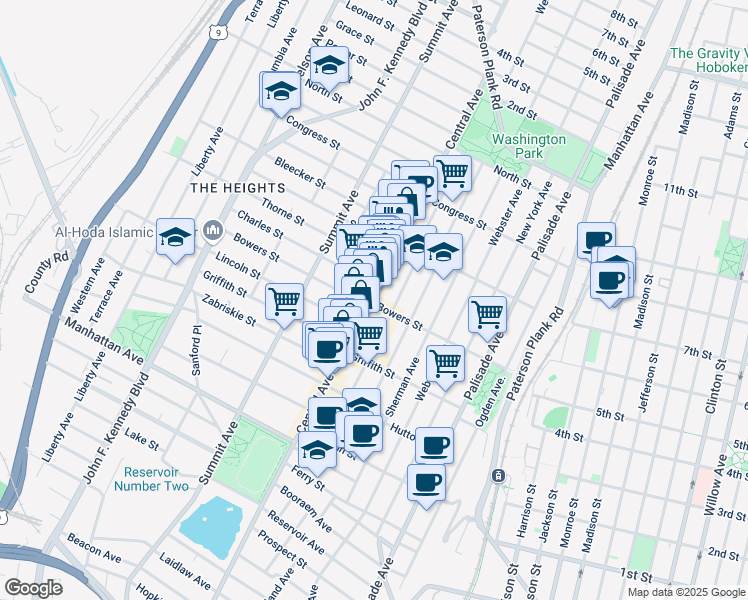 map of restaurants, bars, coffee shops, grocery stores, and more near 131 Cambridge Avenue in Jersey City