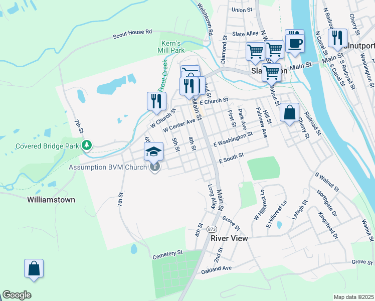 map of restaurants, bars, coffee shops, grocery stores, and more near 432 West Washington Street in Slatington