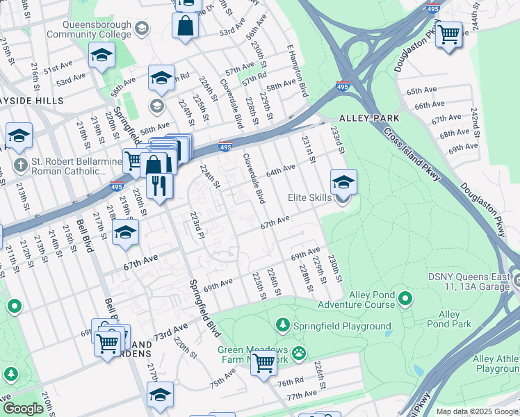 map of restaurants, bars, coffee shops, grocery stores, and more near 64-38 Cloverdale Boulevard in Queens
