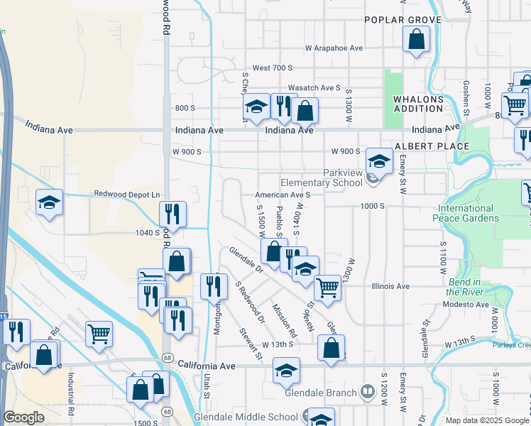 map of restaurants, bars, coffee shops, grocery stores, and more near 1021 South 1500 West in Salt Lake City