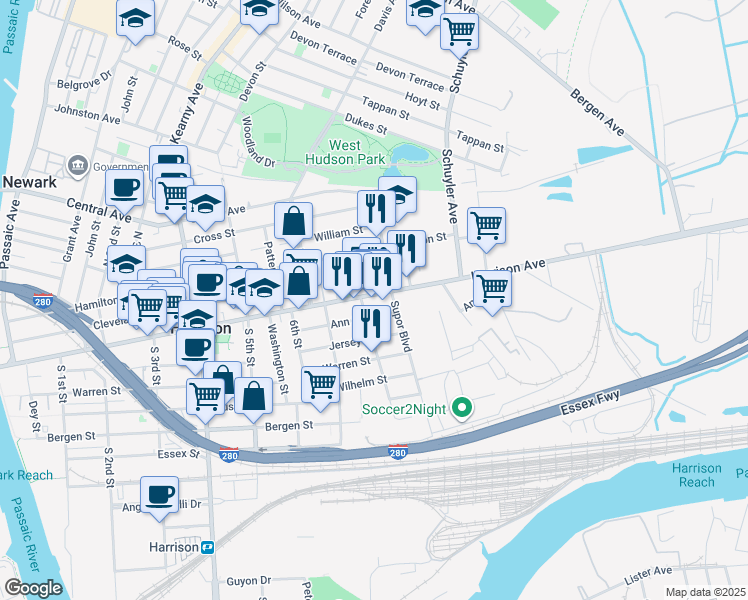 map of restaurants, bars, coffee shops, grocery stores, and more near 751 Harrison Avenue in Harrison