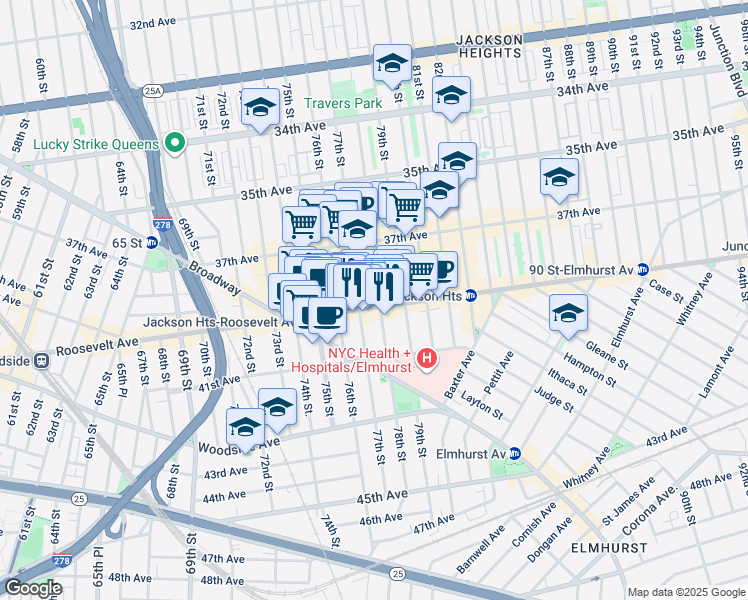 map of restaurants, bars, coffee shops, grocery stores, and more near 77-11 Roosevelt Avenue in Queens