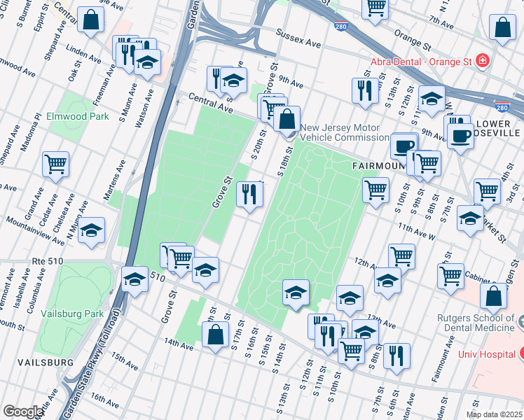 map of restaurants, bars, coffee shops, grocery stores, and more near 273 South 18th Street in Newark