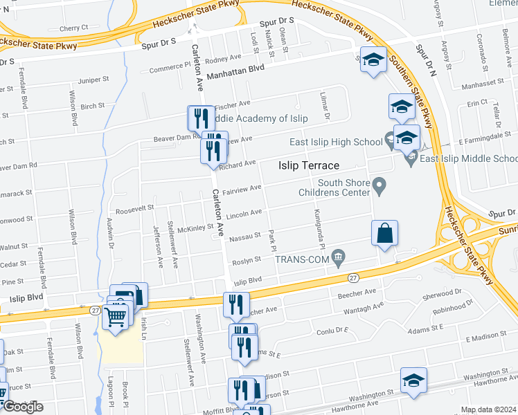 map of restaurants, bars, coffee shops, grocery stores, and more near 21 Lincoln Avenue in Islip Terrace