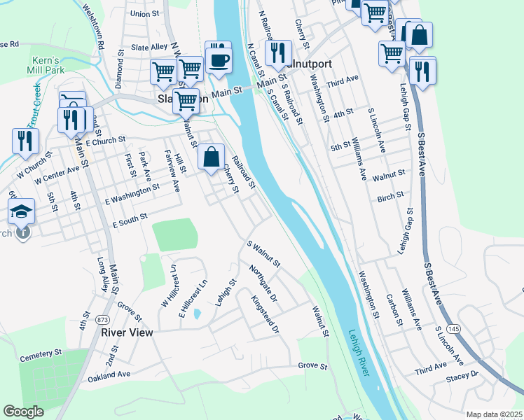map of restaurants, bars, coffee shops, grocery stores, and more near 238 Railroad Street in Slatington