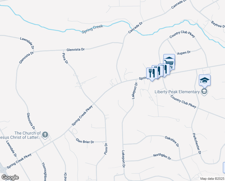 map of restaurants, bars, coffee shops, grocery stores, and more near 184 Spring Creek Parkway in Spring Creek