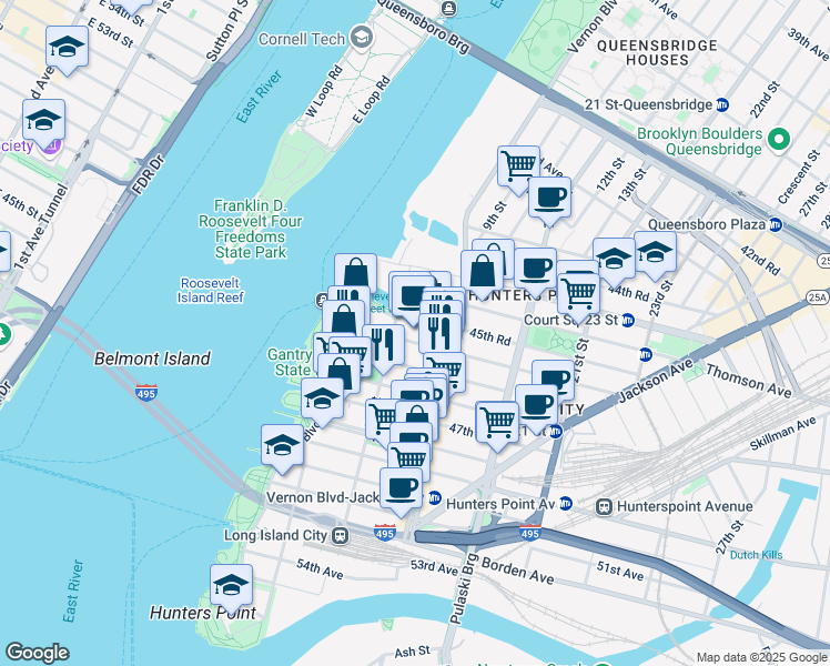 map of restaurants, bars, coffee shops, grocery stores, and more near 5-25 46th Avenue in Queens