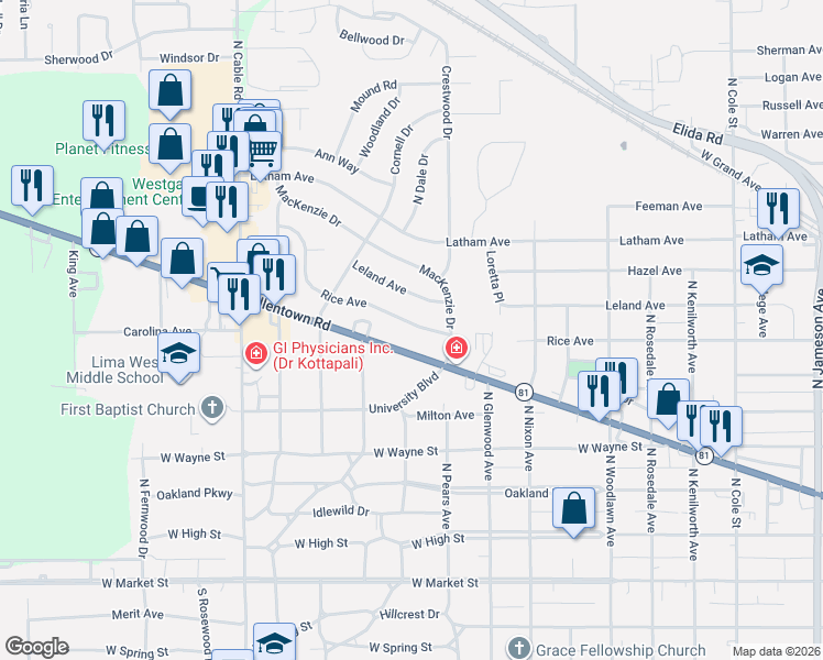 map of restaurants, bars, coffee shops, grocery stores, and more near 1733 Rice Ave in Lima