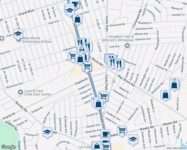 map of restaurants, bars, coffee shops, grocery stores, and more near 515 Lombard Street in North Babylon