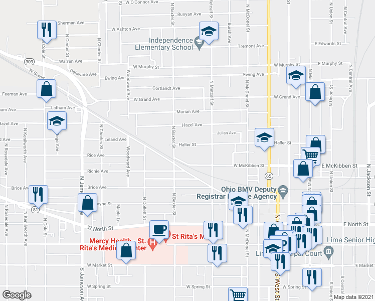 map of restaurants, bars, coffee shops, grocery stores, and more near 551 W Haller St in Lima