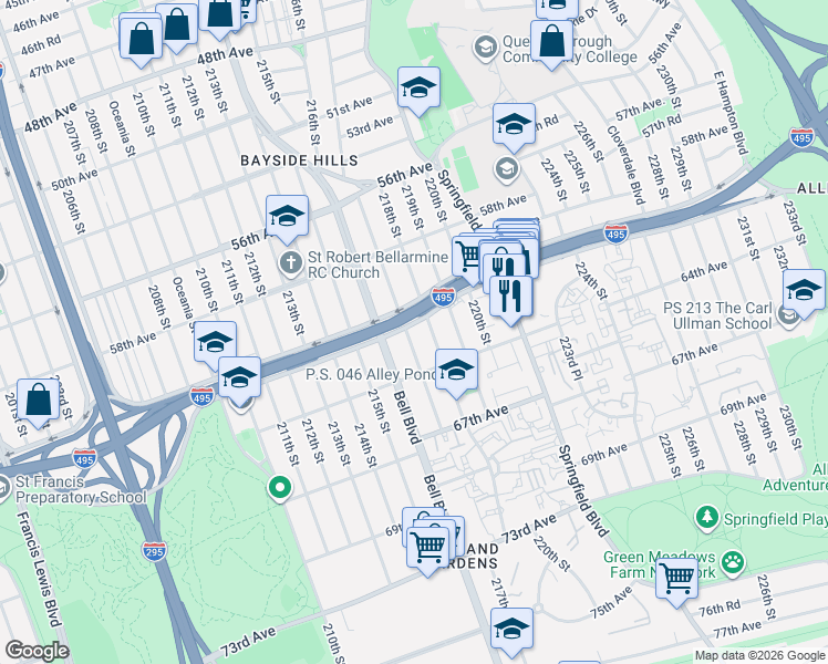 map of restaurants, bars, coffee shops, grocery stores, and more near 61-03 217th Street in Queens