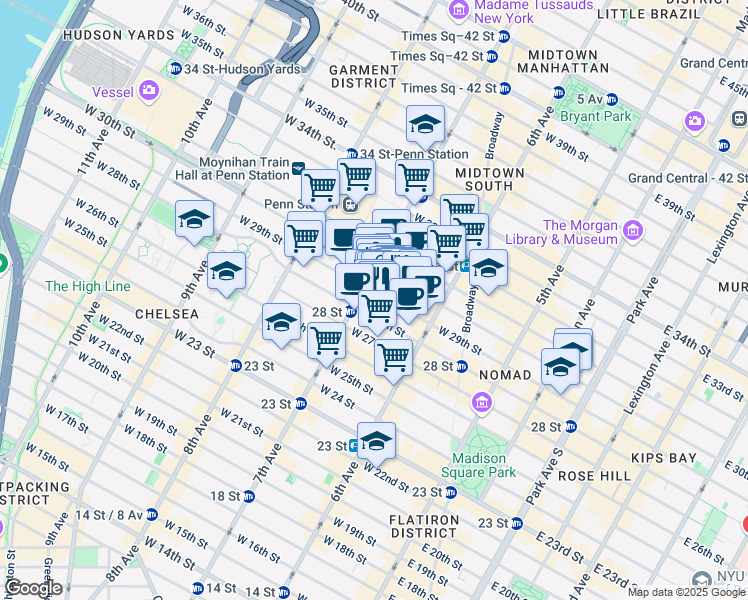 map of restaurants, bars, coffee shops, grocery stores, and more near 158 West 29th Street in New York