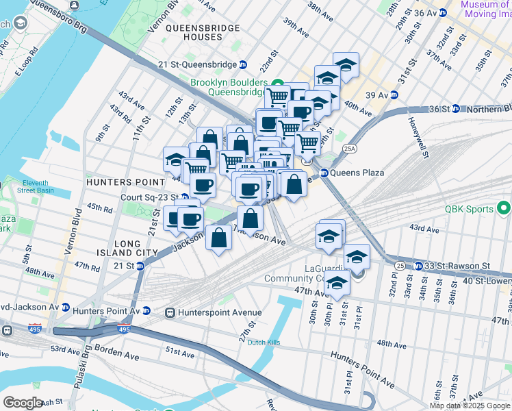 map of restaurants, bars, coffee shops, grocery stores, and more near 26-36 Jackson Avenue in Queens