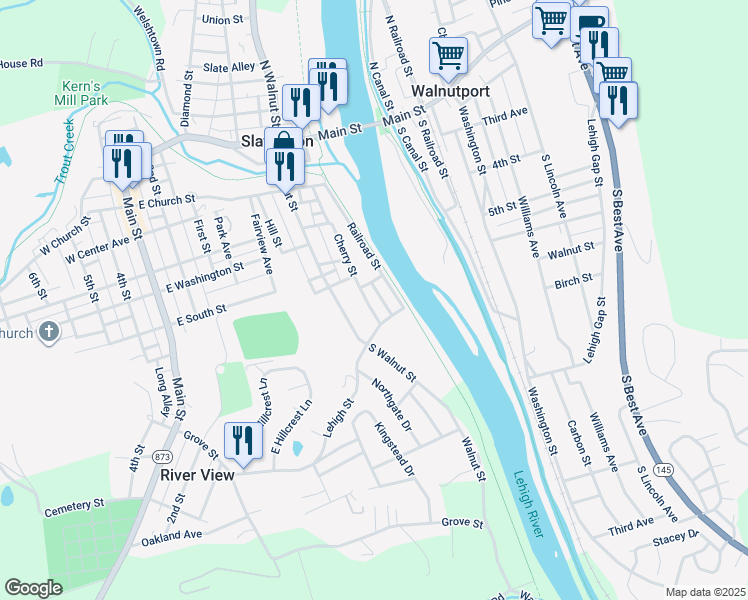 map of restaurants, bars, coffee shops, grocery stores, and more near 238 Railroad Street in Slatington